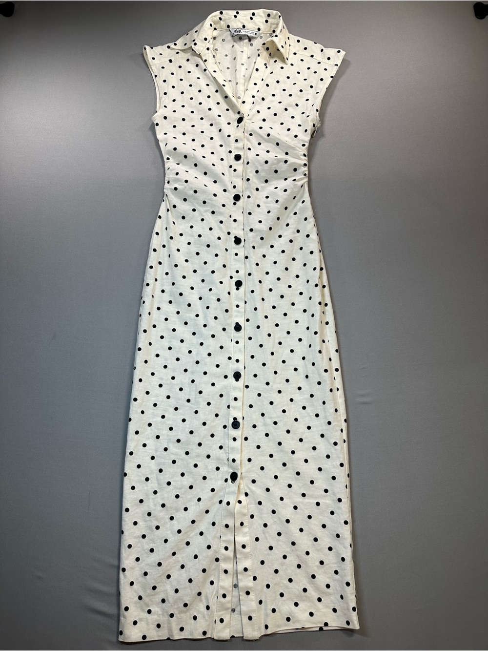 Zara Polka-Dot Linen-Blend Fitted Midi Dress, Cap Sleeve, Ruched - Womens XS - Picture 2 of 16